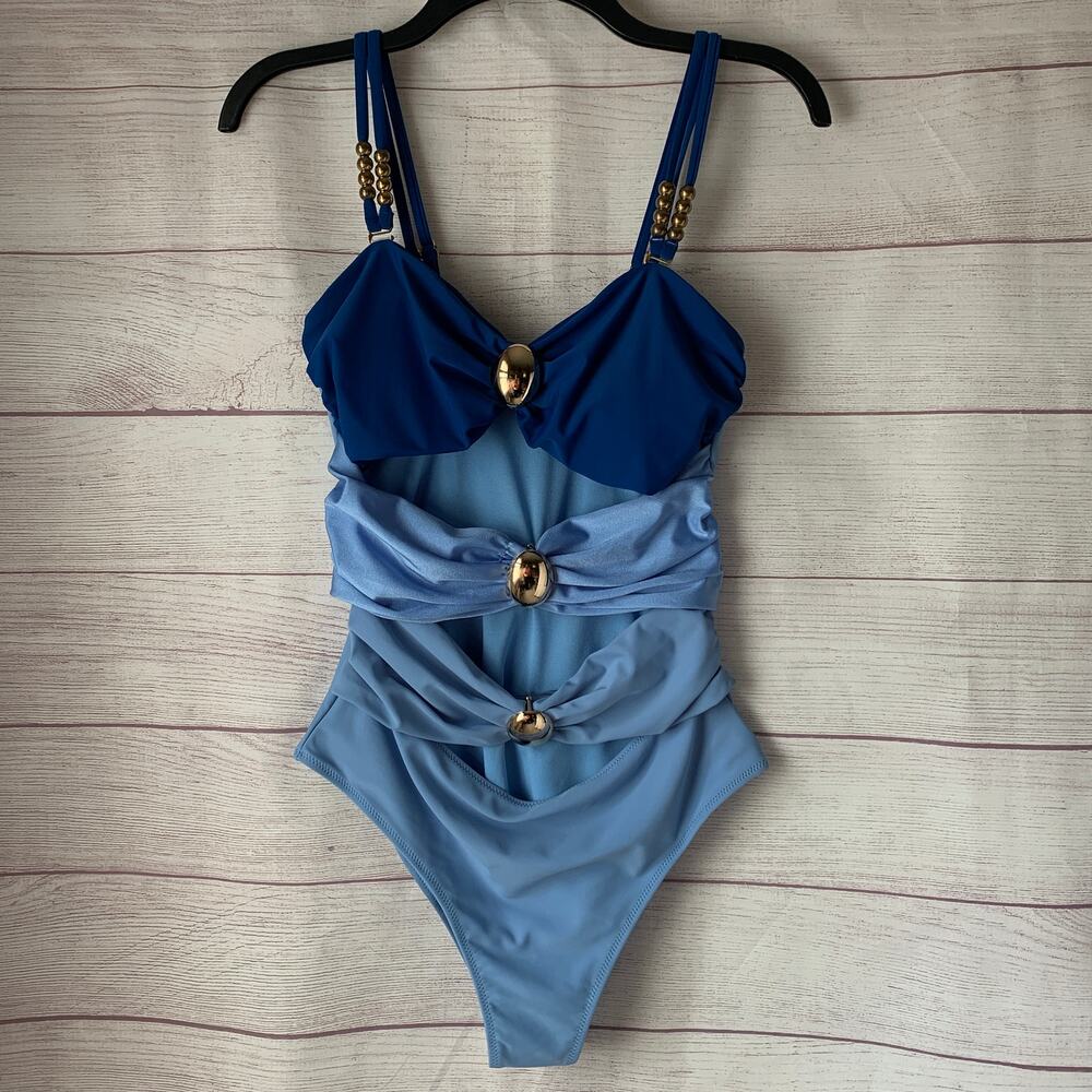 Blue Ombre Gradient One-Piece Swimsuit Bows Cutouts Colorblock Gold Hardware